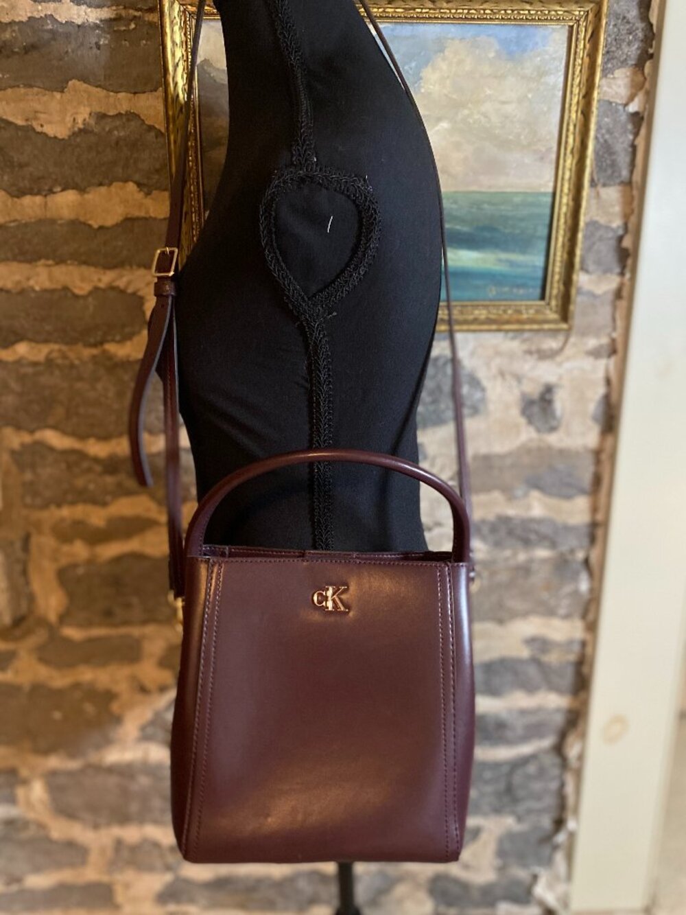 Calvin Klein Monogram Logo Hardware Bucket Bag Crossbody 3 sections interior